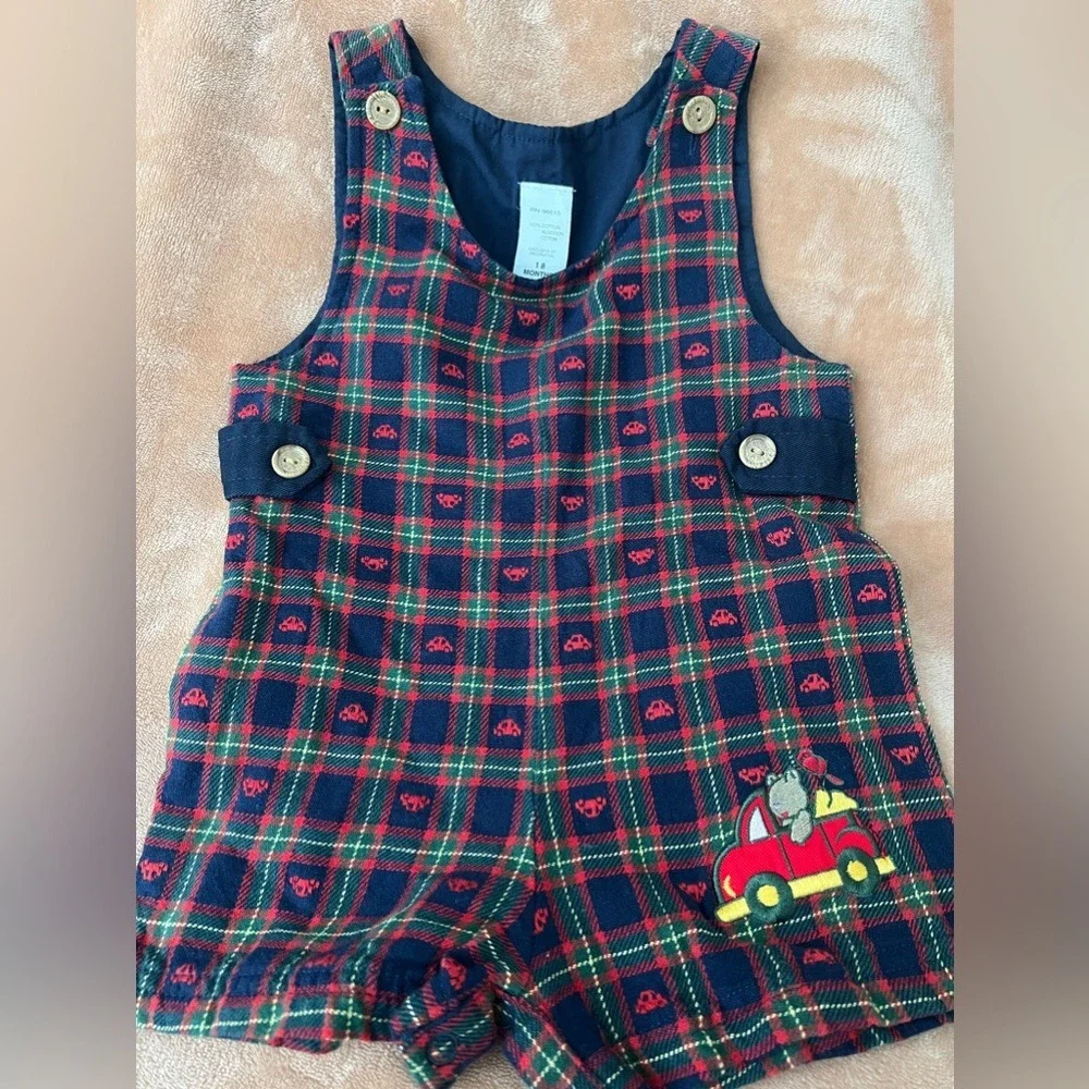Vintage Plaid Bear Truck Shortall Romper Navy Red 18 Months Snap Bottom Cotton